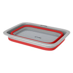 Wakeman red and gray collapsible wash bin shown collapsed flat inside outer frame from angle