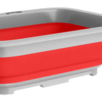 Close-up detail of red and gray Wakeman collapsible rectangular wash bin side wall and base