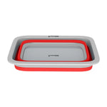 Top view of Wakeman red and gray collapsible wash bin shown nested and folded flat