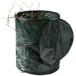 Collapsible green yard waste pop-up can with lid folded open and garden branches inside