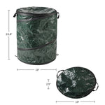 Product dimensions graphic of a green pop-up collapsible garbage can showing height and diameter measurements