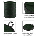 Product feature collage showing a green collapsible pop-up trash can with close-ups of zipper lid, handles and folded storage