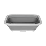 Gray collapsible rectangular wash basin shown expanded on white background, simple studio product shot.