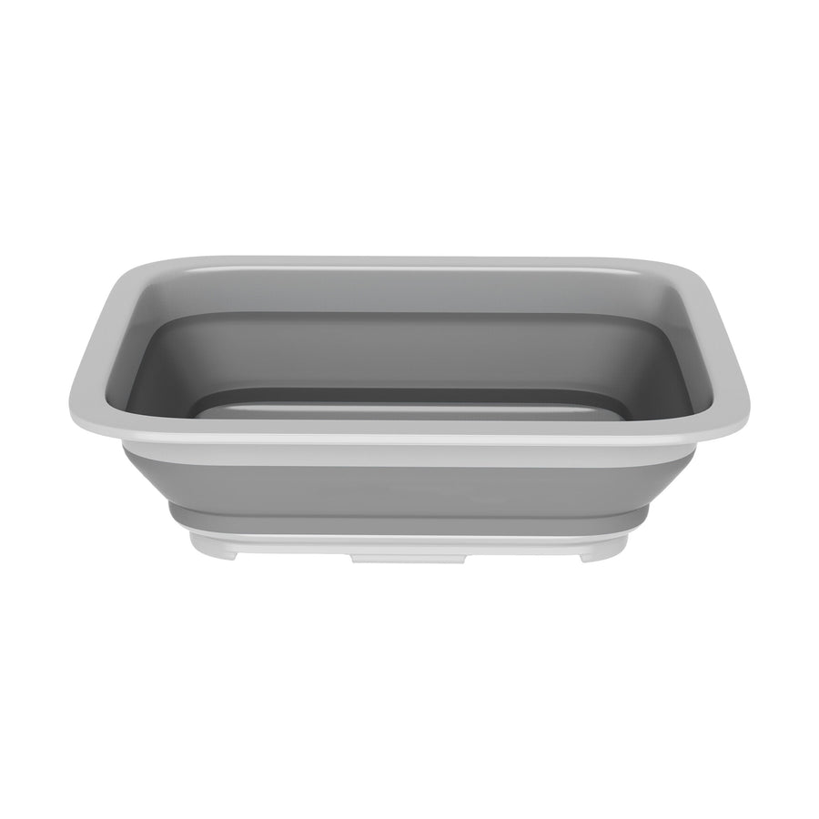 Gray collapsible rectangular wash basin shown expanded on white background, simple studio product shot.