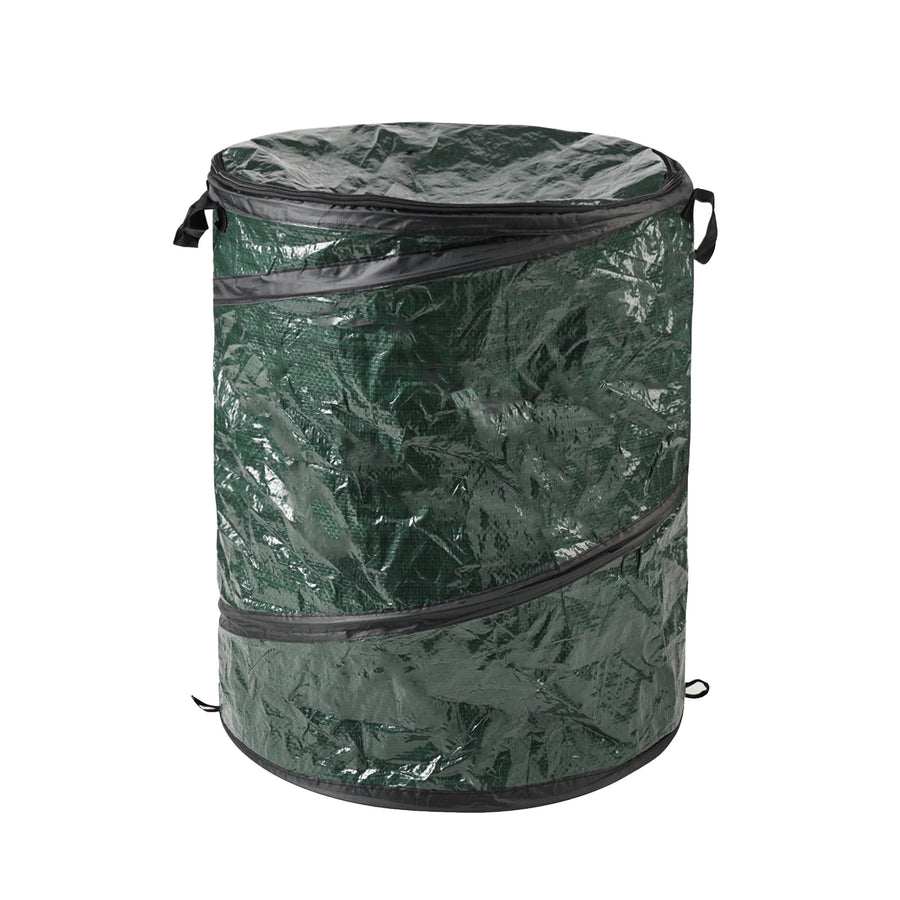 Dark green collapsible pop-up outdoor trash can with black trim, standing upright on white background