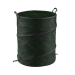 Green collapsible pop-up trash can with black trim and spiral support bands, standing open on white background
