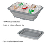 Gray collapsible tub used as an ice bucket filled with ice and beverage cans, plus inset showing collapsed storage.