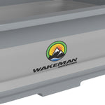 Close-up of the gray basin side panel showing the Wakeman Outdoors logo and mountain emblem on the product surface.
