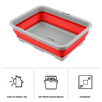 Wakeman red collapsible wash bin displayed with icons for indoor use, multipurpose, collapsible