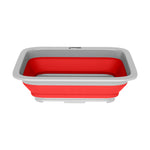 Wakeman red and gray collapsible rectangular wash bin shown open from front angle