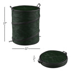 Green collapsible pop-up trash can with dimensions and a folded, zipped version shown beside it on white background