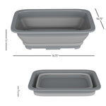 Gray collapsible wash tub displayed expanded and collapsed with dimension lines indicating height and length.