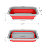 Wakeman collapsible red and gray wash bin with dimension callouts and folded view