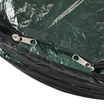 Close-up of metal zipper pulls on the black-trimmed rim of a green collapsible pop-up can
