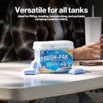 Product on table scene showing WALEX Fresh-Pak tub with two blue pods in front and blurred person holding a cup