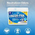 Studio-style image of WALEX FRESH-PAK tub on blue background with headline 'Neutralizes Odors' and three circular badges below