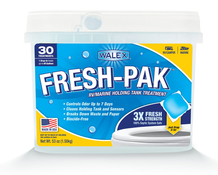 White tub-style container labeled WALEX FRESH-PAK deodorizer with blue packaging and product pod graphic