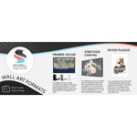 Informational banner showing Stupell Home Decor logo and three product format examples: framed giclée, stretched canvas, and wood plaque