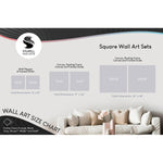 Square wall art size chart infographic displaying various size options with a sofa scene and the Stupell logo.