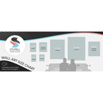 Wall art size chart graphic from Stupell showing multiple artwork dimensions and a sofa silhouette for scale