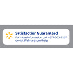 Walmart branded satisfaction guaranteed label with contact number and url for customer help on gray background