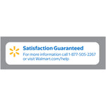 Walmart branded satisfaction guaranteed label with phone number and web address on a gray and white panel