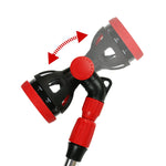 Close-up of the adjustable dual-head nozzle showing pivot action arrows and red accents