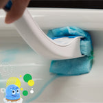 Close-up of a cleaning wand with a blue scrub pad cleaning the inside rim of a toilet bowl with blue cleaning solution.