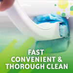 Close-up of Scrubbing Bubbles wand inserting a blue cleaning pad onto the brush head over a toilet rim