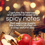 Close-up lifestyle graphic with apples and cinnamon and copy describing spicy notes and warm autumn fragrance