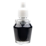 Clear glass refill bottle filled with dark fragrance oil and white cap, studio product shot on white background