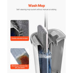 Product infographic showing a mop being rinsed in a split bucket with callouts about scrapers removing hair and debris
