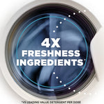 Front-loading washing machine door with motion blur and bold text overlay reading ‘4X FRESHNESS INGREDIENTS’