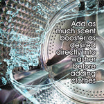 Washing machine drum with splashing blue water graphics and usage text instructing to add scent booster directly into washer