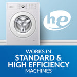 Graphic of a front-loading washing machine with HE logo and text about working in standard & high efficiency machines