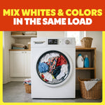 Front-loading washing machine in a laundry room with mixed clothes visible through the door under text about mixing whites and colors