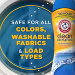 Close-up of a washing machine door with text overlay claiming safe for all colors washable fabrics and part of the Clean Scentsations bottle visible