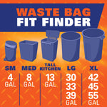 Waste bag fit finder chart illustrating different bin silhouettes and gallon sizes from 4 gal to 55 gal on orange background