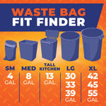 Waste bag fit finder infographic showing silhouettes of bins and gallon size recommendations including 39 gallon
