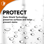 Close-up of water droplets beading on a reflective surface with headline “PROTECT” and mention of Stain Shield Technology