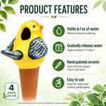 Product features infographic showing a yellow bird terracotta spike with icons for water capacity, gradual release and hand-painted finish