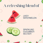 Infographic showing watermelon slices and cucumber rounds with text describing a refreshing blend of juicy watermelon and sparkling cucumber seltzer.
