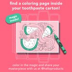 Illustrated coloring page graphic showing watermelon slices and a crayon, with copy inviting customers to find a coloring page inside the carton.