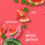 Graphic composition of watermelon slices, leaves and picnic cloth on pink background with labelled scent notes.