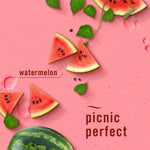 Watermelon slices and whole melon on a pink background with text reading 'watermelon' and 'picnic perfect'