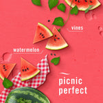 Decorative flat-lay of watermelon slices, vine leaves and picnic-themed text alongside Febreze Sweet Watermelon Vine branding