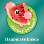 Graphic watermelon slice character blowing a bubble with circular badge reading Watermelon Wiggle and Happiness Inside