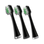 Three black Waterpik Triple Sonic replacement toothbrush heads with green-and-white bristles on a white background.