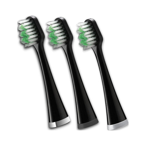 Three black Waterpik Triple Sonic replacement toothbrush heads with green-and-white bristles on a white background.