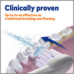 Graphic showing toothbrush head spraying water between teeth with headline 'Clinically proven' and benefit text.